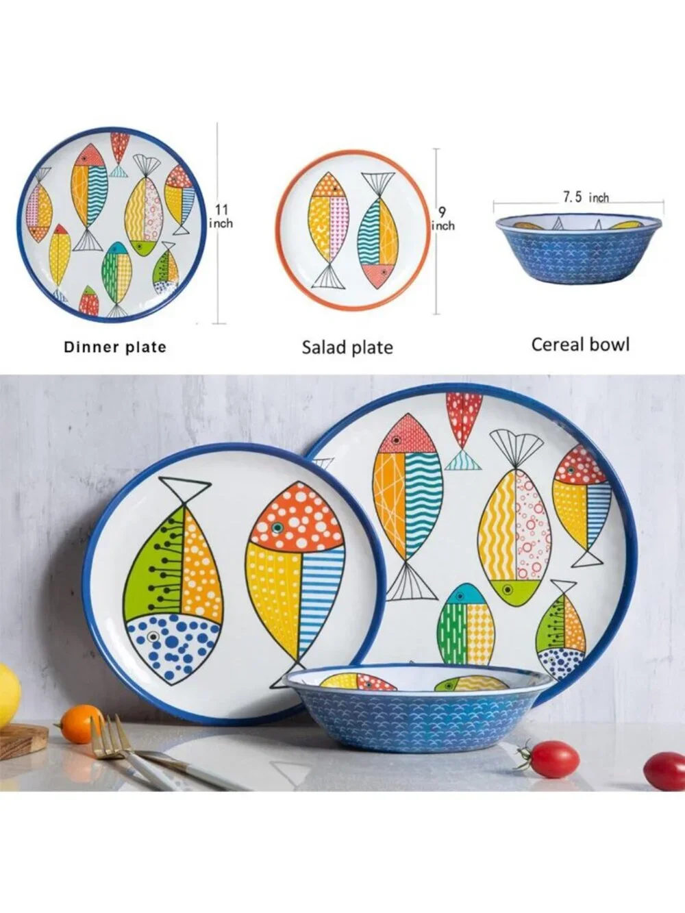 Stylish 12PCS Melamine Dinnerware Set for 4 - Fish Plates & Bowls, Durable